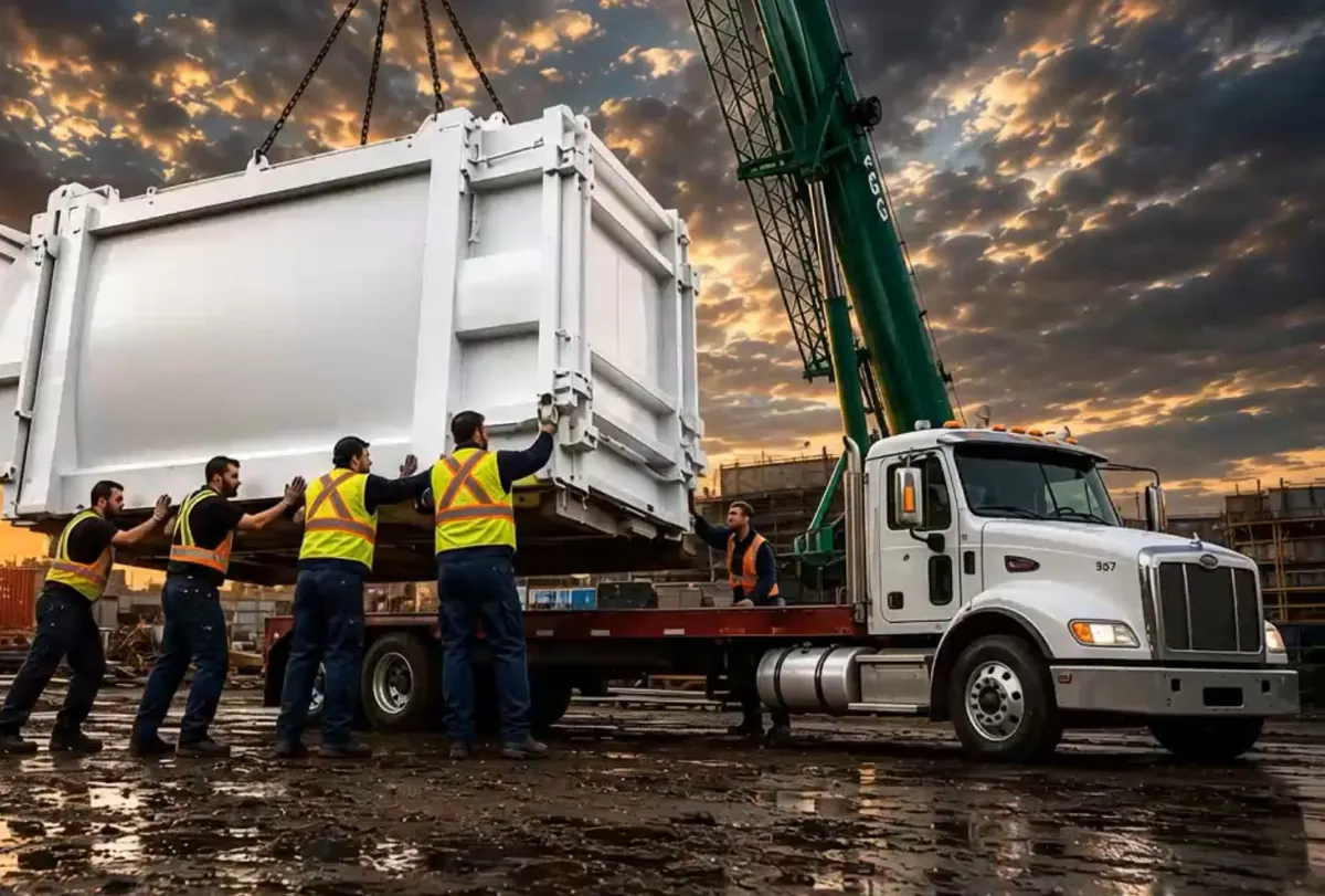 Operarios con chaleco reflectivo guiando con una grúa una caja compactadora blanca hacia un camión de plataforma