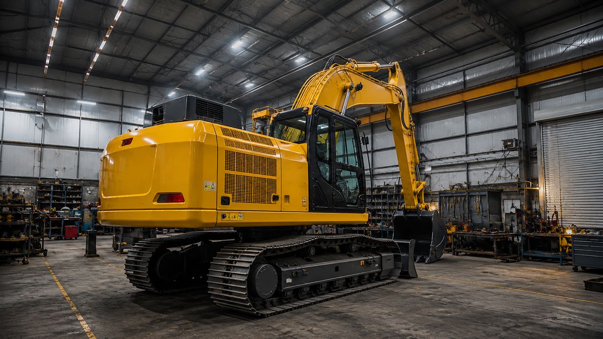 Excavadora amarilla en mantenimiento dentro del taller de LN Services Inc
