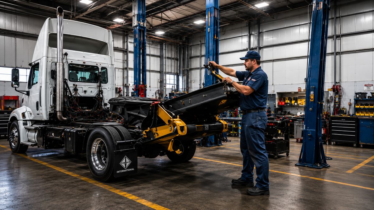 Técnico de LN Services Inc instalando un sistema de carga Roll-Off en un chasis
