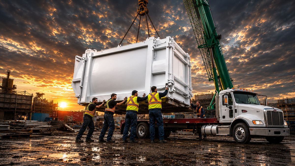 Equipo de LN Services Inc izando una caja compactadora con grúa